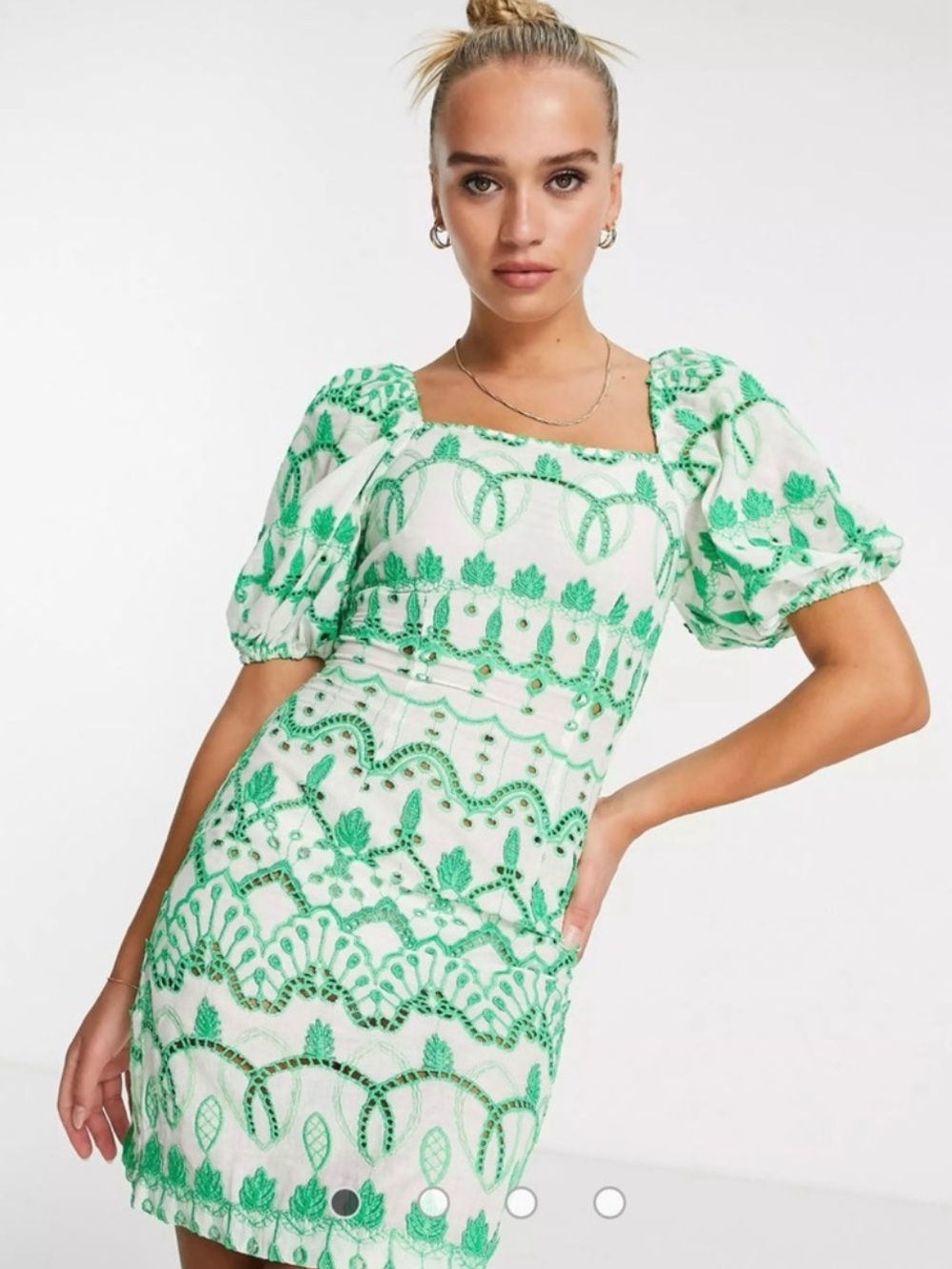 Embroidered eyelet puff sleeve dress